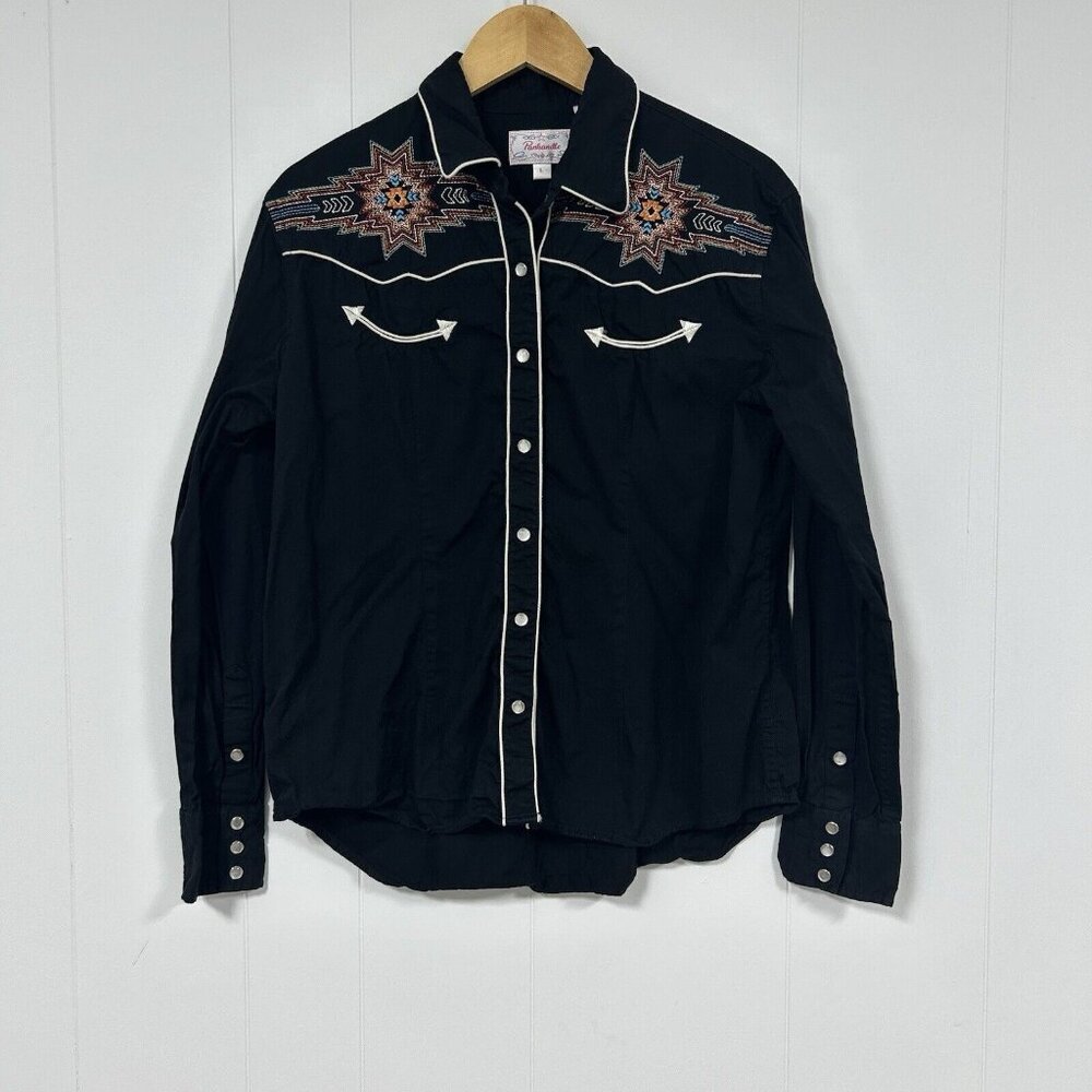 Panhandle Black Western Show Shirt Embroidery Pearl Snap Woman Size L